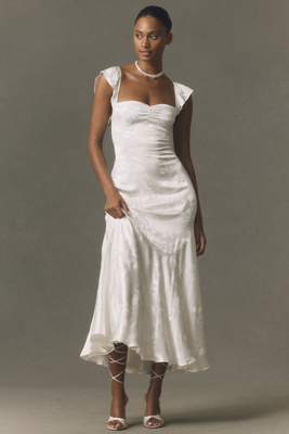Anthropologie BHLDN Flutter Sleeve Jacquard Maxi Dress in Ivory, sweetheart neckline