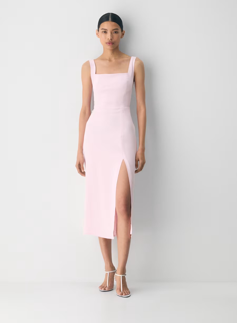 Aritzia '90s Slit Satin Midi Dress in Villa Pink, square neckline