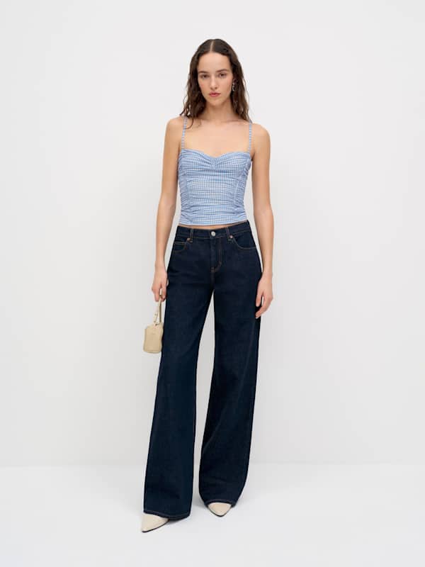 Reformation Adeline Knit Top in Stellar Check, sweetheart neckline
